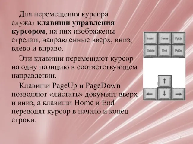 Для перемещения курсора служат клавиши управления курсором, на них изображены стрелки,