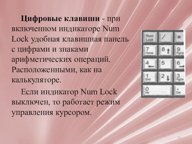 Цифровые клавиши - при включенном индикаторе Num Lock удобная клавишная панель