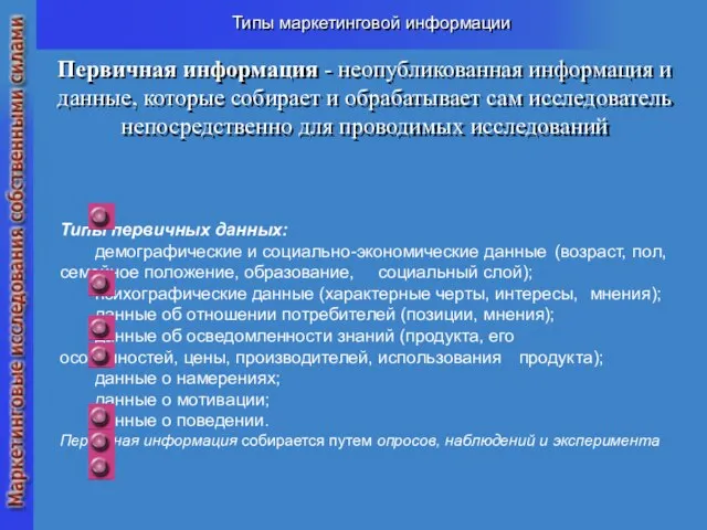 Типы маркетинговой информации Типы первичных данных: демографические и социально-экономические данные (возраст,