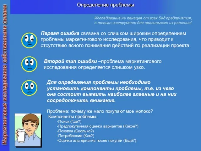 Определение проблемы Первая ошибка связана со слишком широким определением проблемы маркетингового