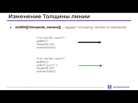 Изменение Толщины линии width([толщина_линии]) – задает толщину линии в пикселях from