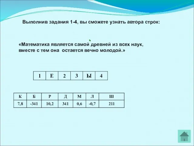 Выполнив задания 1-4, вы сможете узнать автора строк: «Математика является самой