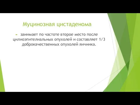 Муцинозная цистаденома занимает по частоте второе место после цилиоэпителиальных опухолей и составляет 1/3 доброкачественных опухолей яичника.