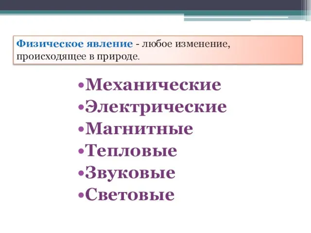 Механические Электрические Магнитные Тепловые Звуковые Световые Физическое явление - любое изменение, происходящее в природе.