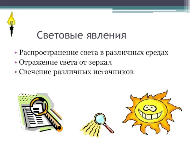 Световые явления Распространение света в различных средах Отражение света от зеркал Свечение различных источников