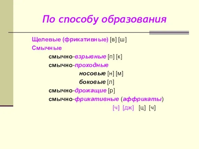 По способу образования Щелевые (фрикативные) [в] [ш] Смычные смычно-взрывные [п] [к]