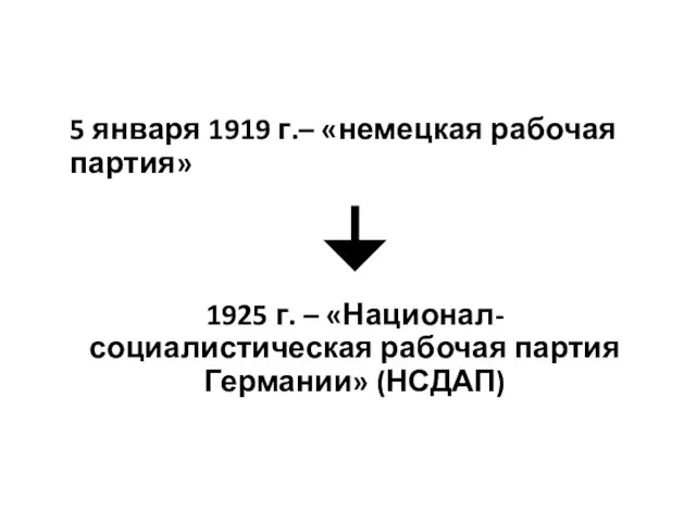 5 января 1919 г.– «немецкая рабочая партия» 1925 г. – «Национал-социалистическая рабочая партия Германии» (НСДАП)