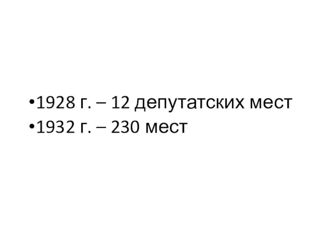 1928 г. – 12 депутатских мест 1932 г. – 230 мест