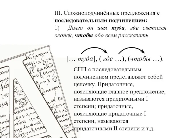 III. Сложноподчинённые предложения с последовательным подчинением: 1) Долго он шел туда,