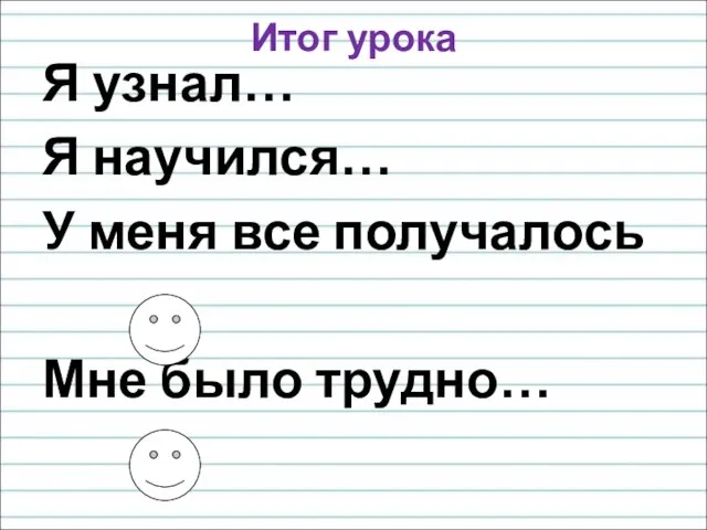 Итог урока Я узнал… Я научился… У меня все получалось Мне было трудно…