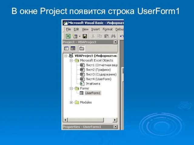 В окне Project появится строка UserForm1