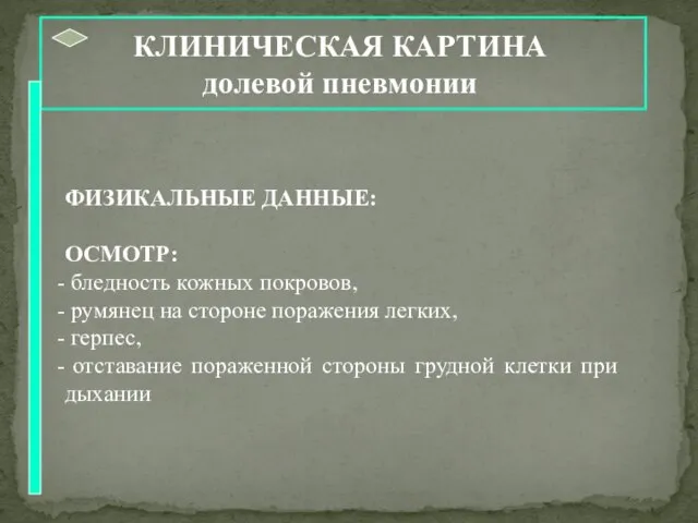 КЛИНИЧЕСКАЯ КАРТИНА долевой пневмонии ФИЗИКАЛЬНЫЕ ДАННЫЕ: ОСМОТР: бледность кожных покровов, румянец