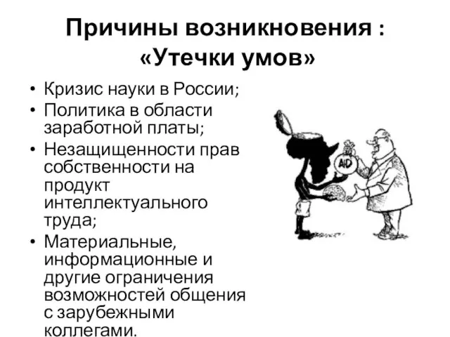 Причины возникновения : «Утечки умов» Кризис науки в России; Политика в