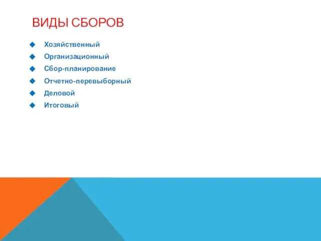 ВИДЫ СБОРОВ Хозяйственный Организационный Сбор-планирование Отчетно-перевыборный Деловой Итоговый