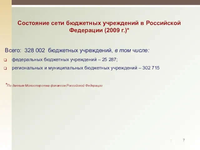 Состояние сети бюджетных учреждений в Российской Федерации (2009 г.)* Всего: 328