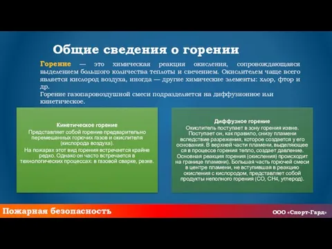 Общие сведения о горении Горение — это химическая реакция окисления, сопровождающаяся