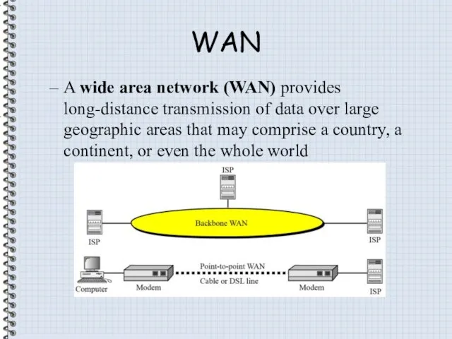 WAN A wide area network (WAN) provides long-distance transmission of data