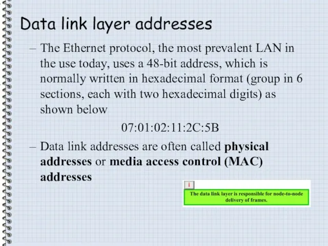 Data link layer addresses The Ethernet protocol, the most prevalent LAN