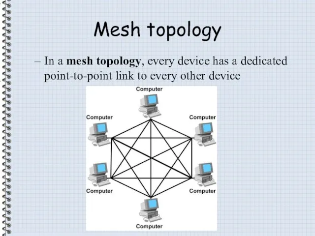 Mesh topology In a mesh topology, every device has a dedicated
