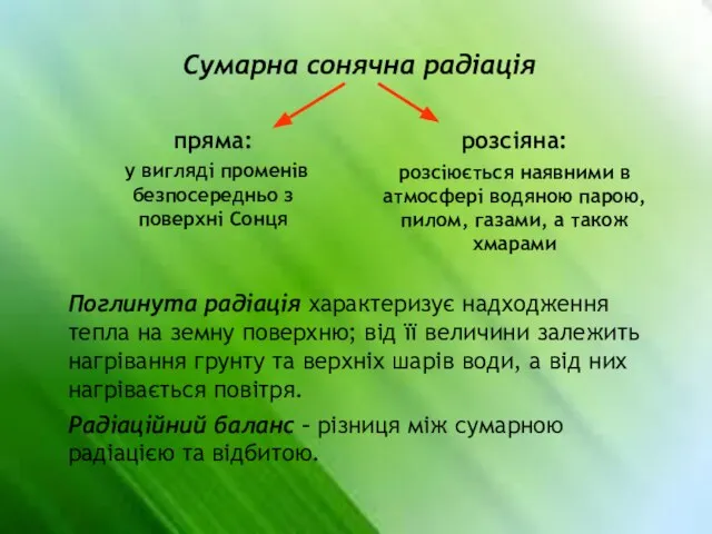 Сумарна сонячна радіація пряма: у вигляді променів безпосередньо з поверхні Сонця