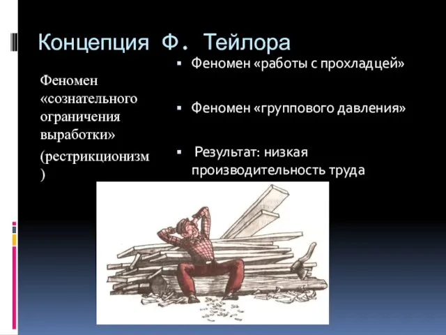 Концепция Ф. Тейлора Феномен «сознательного ограничения выработки» (рестрикционизм) Феномен «работы с