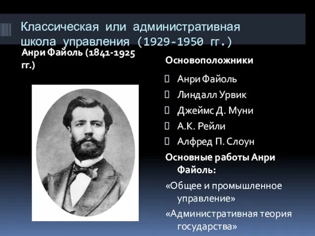 Классическая или административная школа управления (1929-1950 гг.) Анри Файоль (1841-1925 гг.)