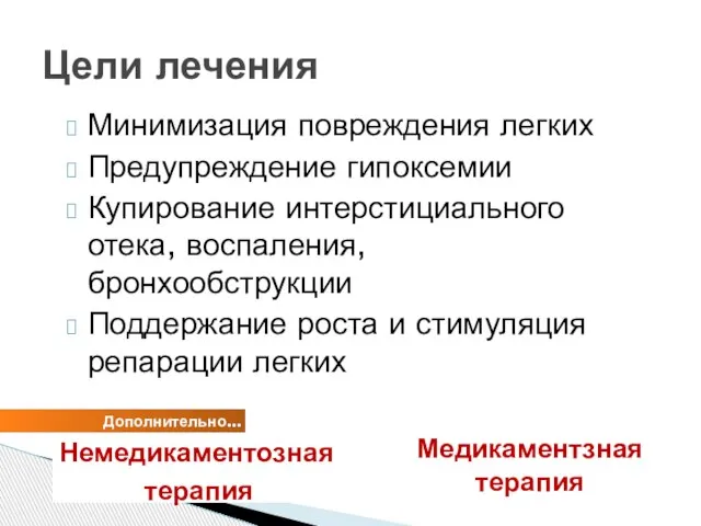 Минимизация повреждения легких Предупреждение гипоксемии Купирование интерстициального отека, воспаления, бронхообструкции Поддержание