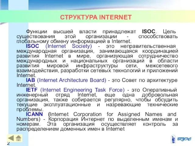 СТРУКТУРА INTERNET Функции высшей власти принадлежат ISOC. Цель существования этой организации