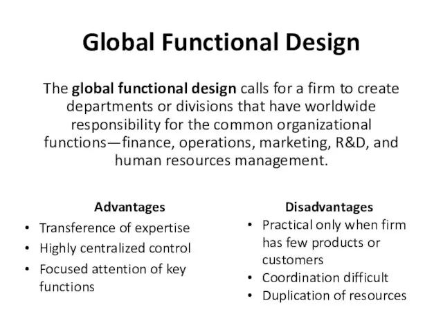 Global Functional Design The global functional design calls for a firm