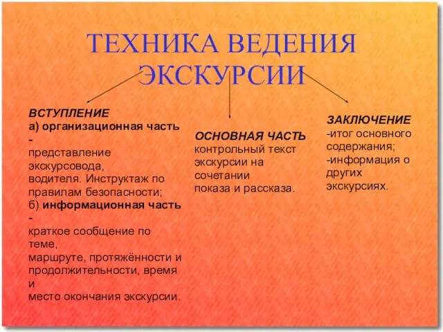 ТЕХНИКА ВЕДЕНИЯ ЭКСКУРСИИ ВСТУПЛЕНИЕ а) организационная часть - представление экскурсовода, водителя.