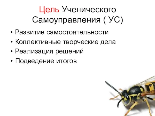 Цель Ученического Самоуправления ( УС) Развитие самостоятельности Коллективные творческие дела Реализация решений Подведение итогов