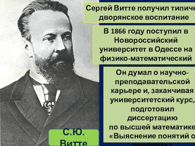 Сергей Витте получил типично дворянское воспитание В 1866 году поступил в