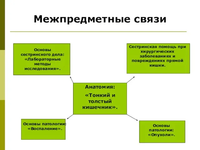 Межпредметные связи Анатомия: «Тонкий и толстый кишечник». Сестринская помощь при хирургических