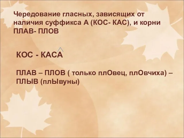 Чередование гласных, зависящих от наличия суффикса А (КОС- КАС), и корни