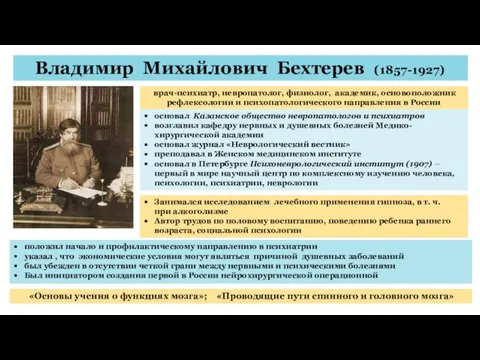 Владимир Михайлович Бехтерев (1857-1927) врач-психиатр, невропатолог, физиолог, академик, основоположник рефлексологии и