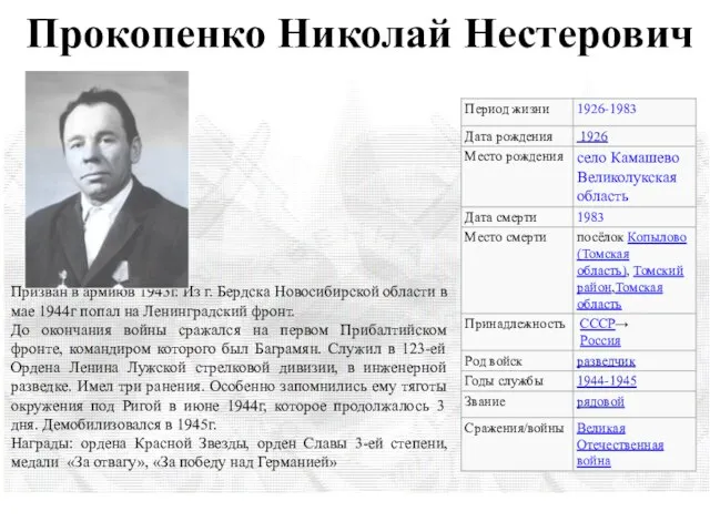 Прокопенко Николай Нестерович Призван в армиюв 1943г. Из г. Бердска Новосибирской