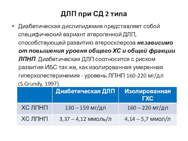 ДЛП при СД 2 типа Диабетическая дислипидемия представляет собой специфический вариант