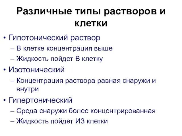 Различные типы растворов и клетки Гипотонический раствор В клетке концентрация выше