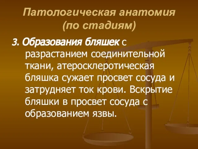 Патологическая анатомия (по стадиям) 3. Образования бляшек с разрастанием соединительной ткани,