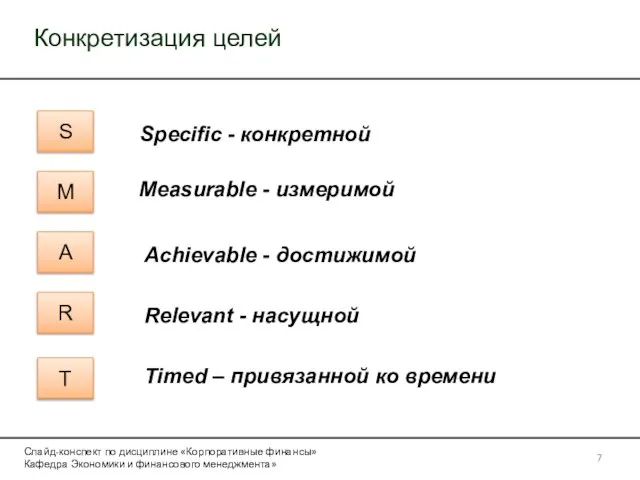 Конкретизация целей S M A R T Specific - конкретной Measurable