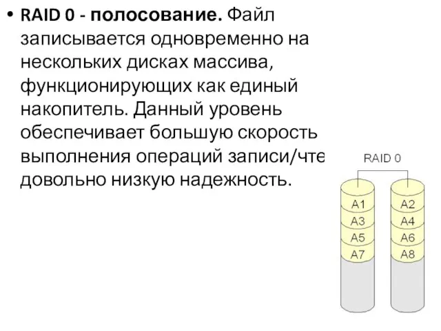 RAID 0 - полосование. Файл записывается одновременно на нескольких дисках массива,