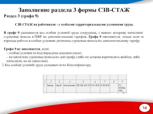 14 Заполнение раздела 3 формы СЗВ-СТАЖ Раздел 3 (графа 9) СЗВ