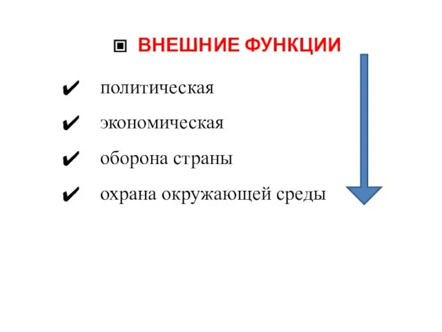 ВНЕШНИЕ ФУНКЦИИ политическая экономическая оборона страны охрана окружающей среды