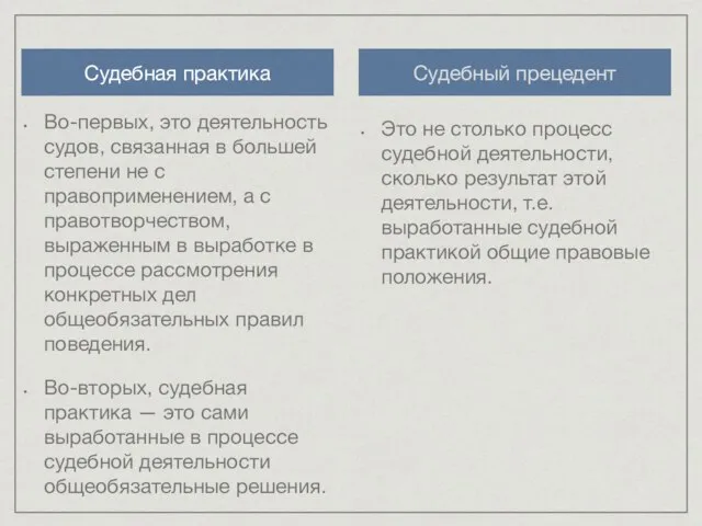 Судебная практика Судебный прецедент Во-первых, это деятельность судов, связанная в большей