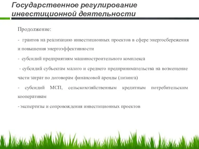 Государственное регулирование инвестиционной деятельности Продолжение: - грантов на реализацию инвестиционных проектов