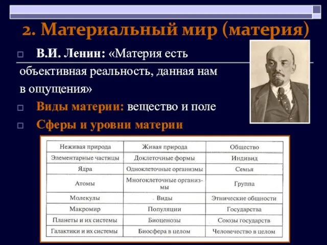 2. Материальный мир (материя) В.И. Ленин: «Материя есть объективная реальность, данная