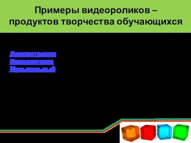 Примеры видеороликов – продуктов творчества обучающихся Демонстрация прикладной направленности математики Видеозагадка Музыкальный видеоролик