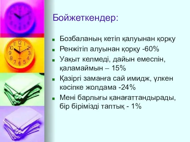 Бойжеткендер: Бозбаланың кетіп қалуынан қорқу Ренжітіп алуынан қорқу -60% Уақыт келмеді,