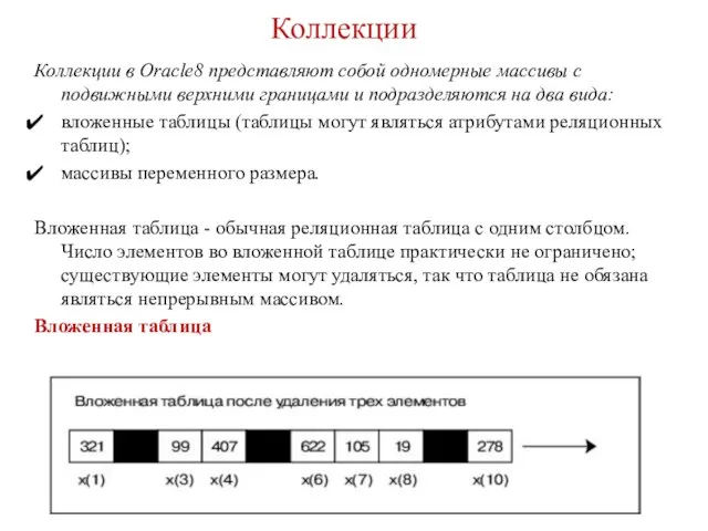 Коллекции Коллекции в Oracle8 представляют собой одномерные массивы с подвижными верхними