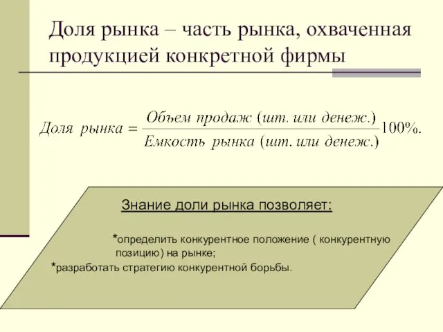 Доля рынка – часть рынка, охваченная продукцией конкретной фирмы Знание доли